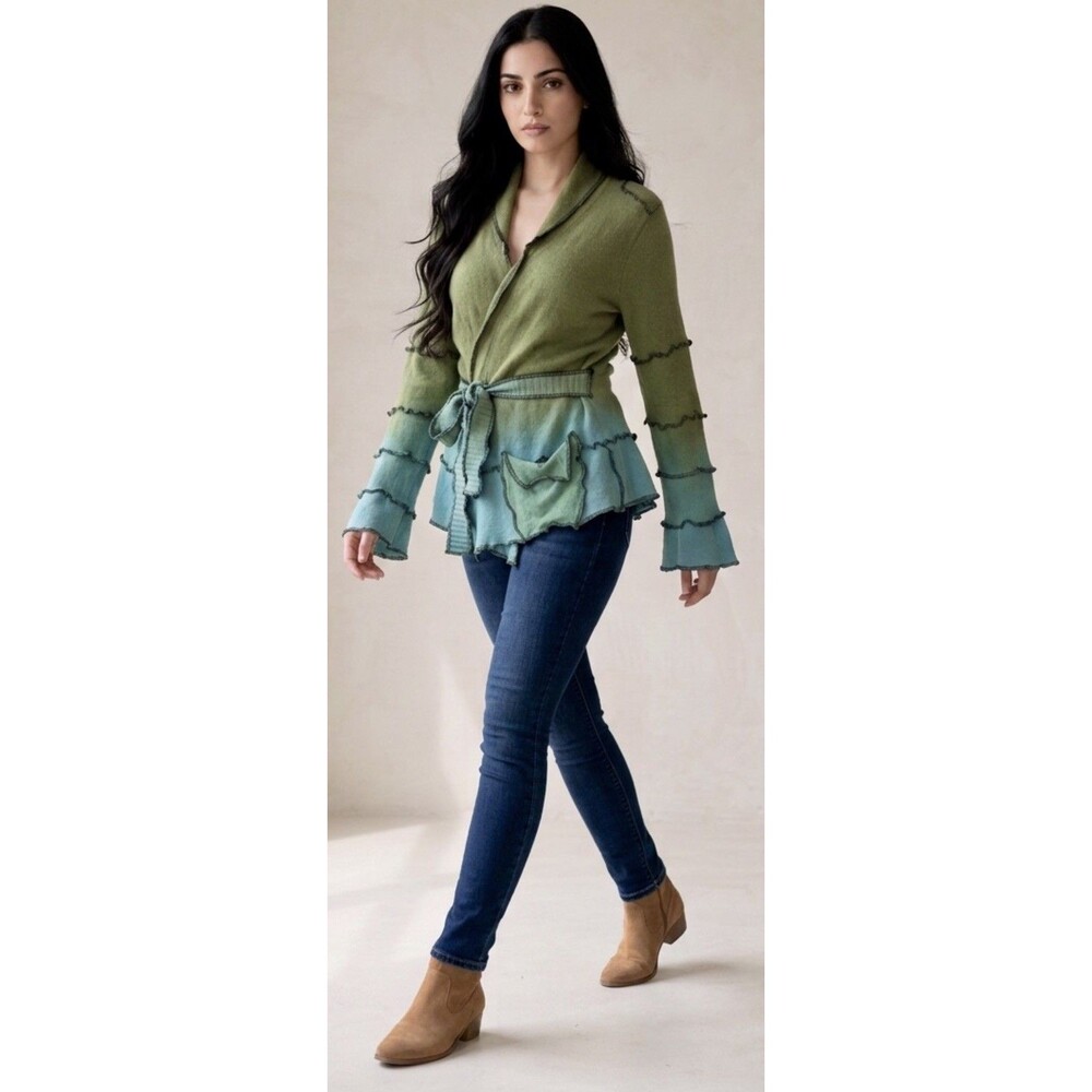 Cyndi Buck Design Upcycled Wool Patchwork Ruffle Cardigan Sweater Coat Green S/M